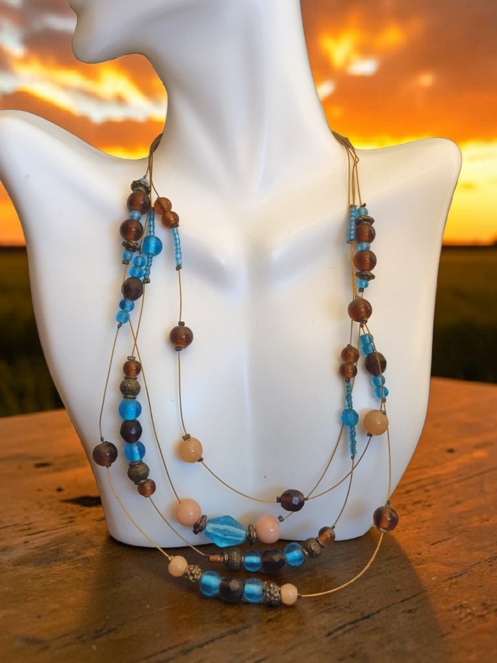 Boho Style Multi-Strand Blue & Brown Beaded Necklace